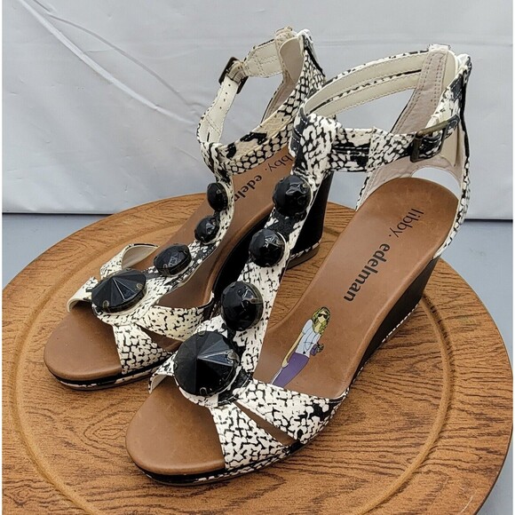 Libby Edelman White Snake Print Wedge Sandals 8M Open Toe Strappy Zip Back EUC - Picture 8 of 15